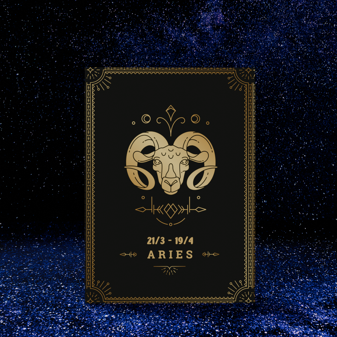Decorative Aries zodiac sign with ram illustration on a black background with star-like dots.