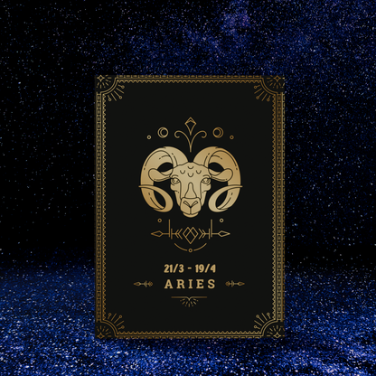 Decorative Aries zodiac sign with ram illustration on a black background with star-like dots.