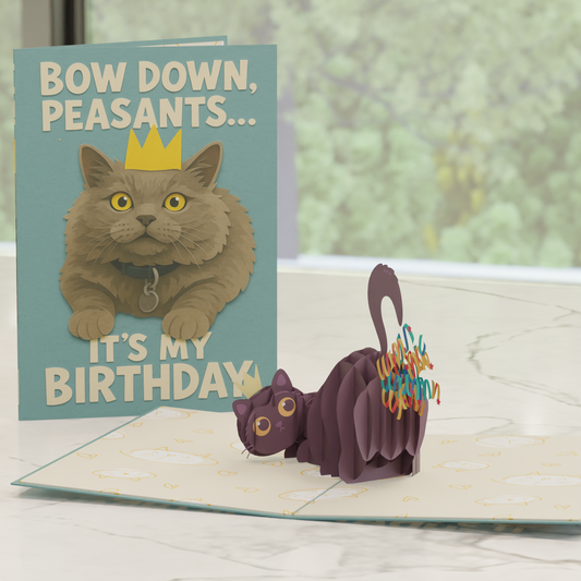 Funny Cat Birthday 3D Pop-Up Card Design Crowned Kitty