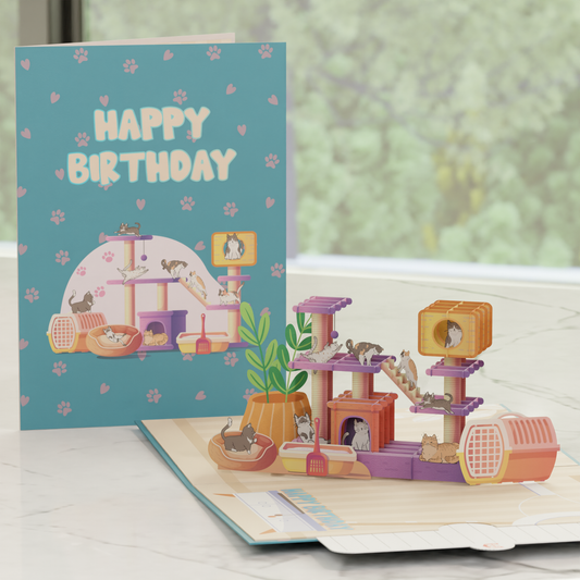 3D Pop-Up Happy Birthday Card - Cat Playground Theme Interactive Greeting Card for Cat Lovers