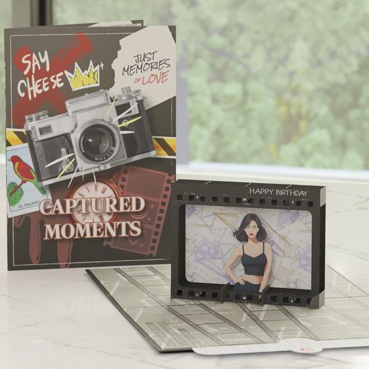 Captured Moments Pop-Up Card – Retro Film Birthday Greeting With Camera Design