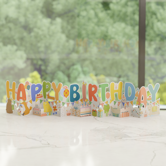 Happy Birthday Animal Parade Card – Cute Fold-Out Pop-Up Greeting With Pets, Cakes, and Party Fun