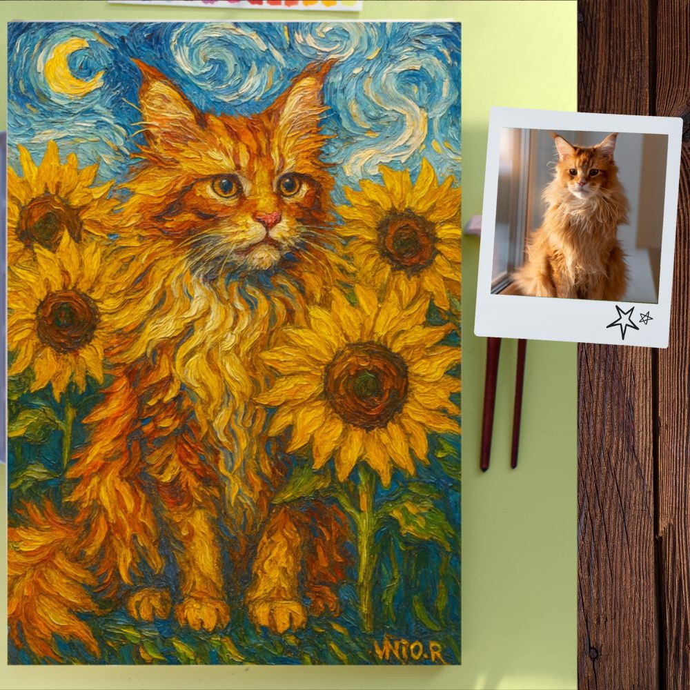 Custom Pet Portrait Van Gogh Style Canvas - Personalized Cat Dog Painting Starry Night Sunflowers Art