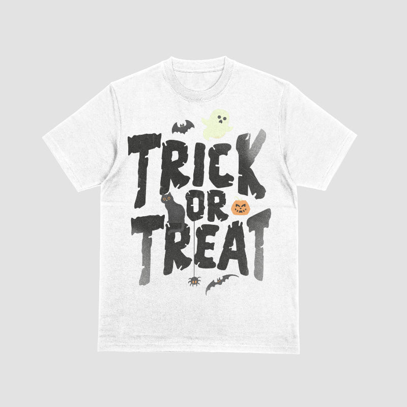 Halloween t-shirt with bold “Trick or Treat” lettering plus ghost, bats, black cat, pumpkin, and spider.