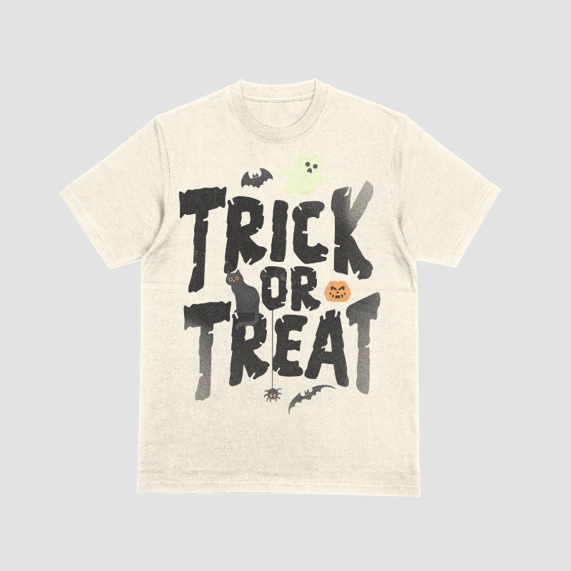 Halloween t-shirt with bold “Trick or Treat” lettering plus ghost, bats, black cat, pumpkin, and spider.