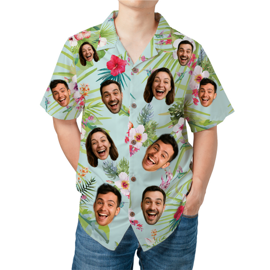 Mint Green Hawaiian Shirt with Tropical Flowers & Hummingbirds