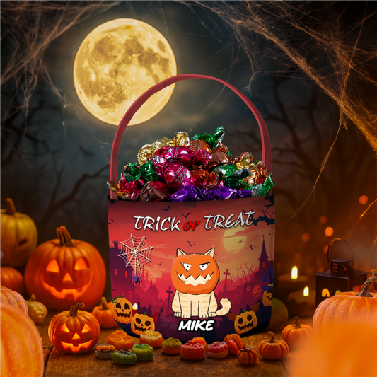 Personalized Halloween Candy Bucket with Spooky Cat Design