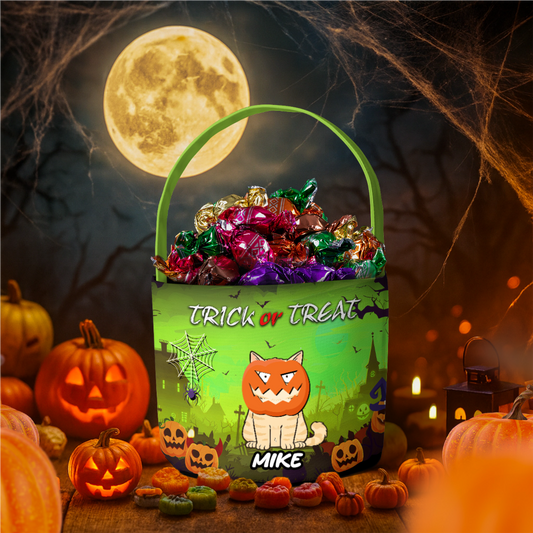 Personalized Halloween Candy Bucket with Spooky Cat Design