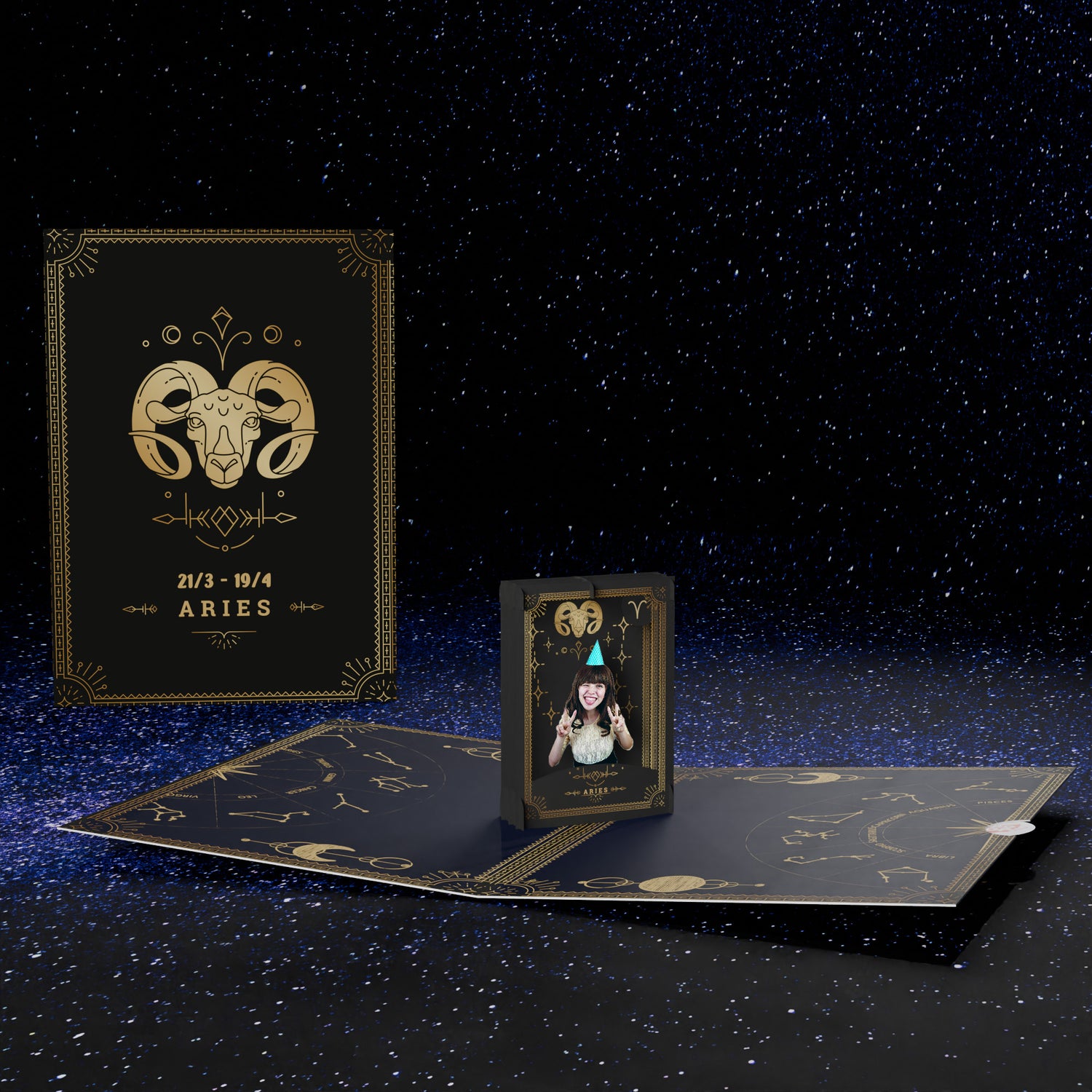 Black and gold Aries zodiac pop-up card with custom photo feature, constellation design on starry background