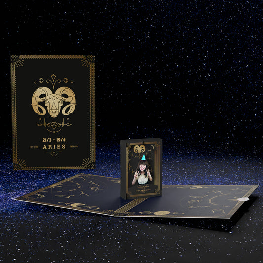 Black and gold Aries zodiac pop-up card with custom photo feature, constellation design on starry background