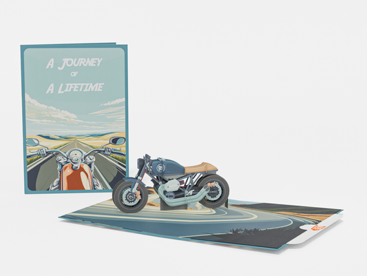 Pop-up greeting card with 3D motorcycle and scenic highway, titled “A Journey of a Lifetime”