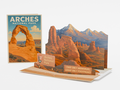 Arches National Park 3D pop-up greeting card featuring Delicate Arch with desert landscape and mountains