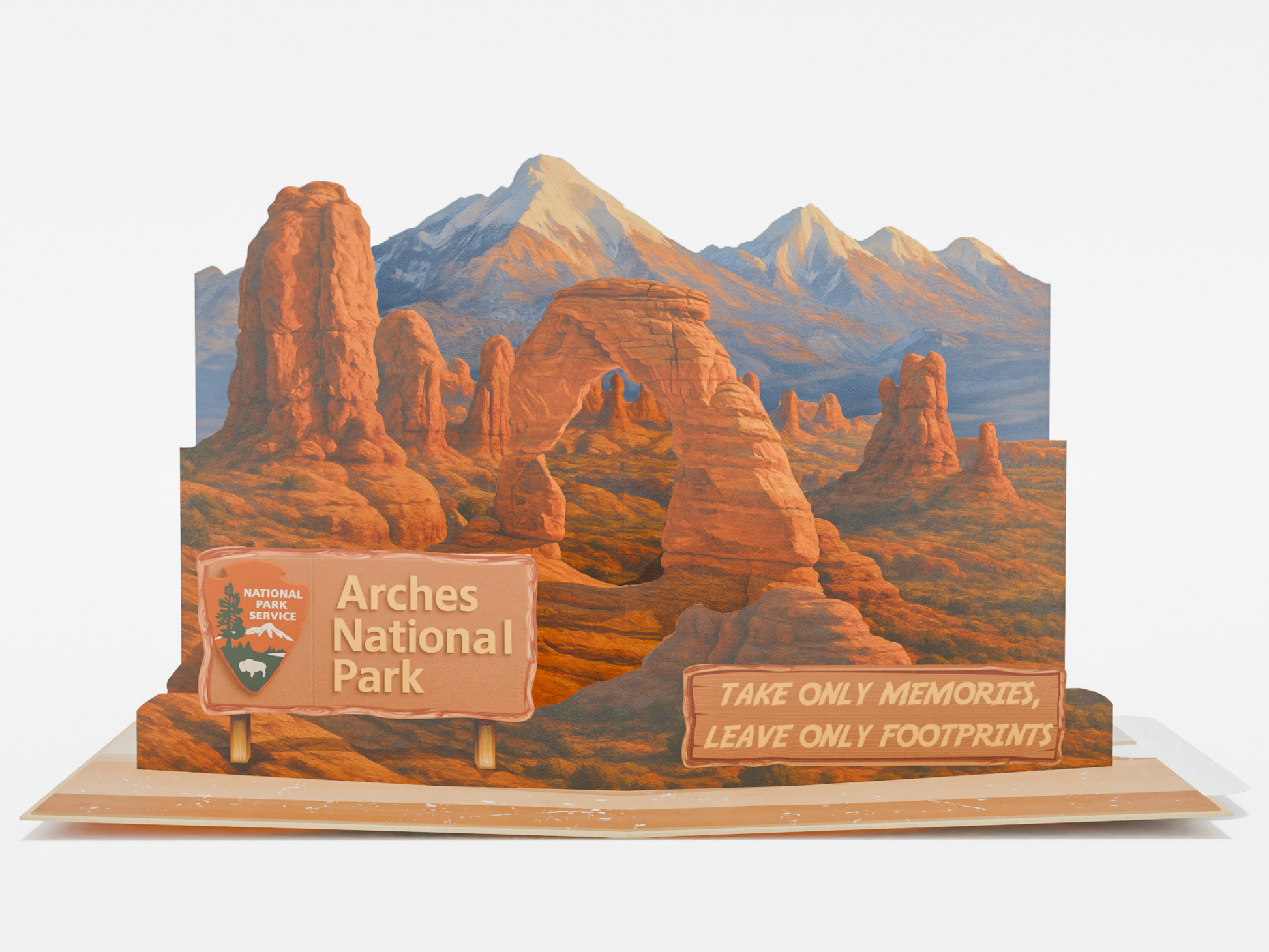 Arches National Park 3D pop-up greeting card featuring Delicate Arch with desert landscape and mountains