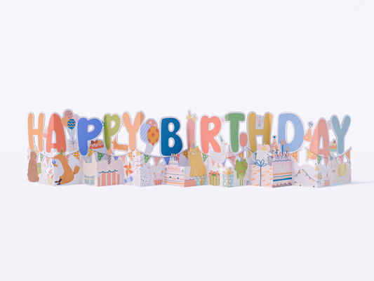 Fold-out accordion birthday card with “Happy Birthday” letters, cute animals, cakes, presents, balloons, and pastel party designs