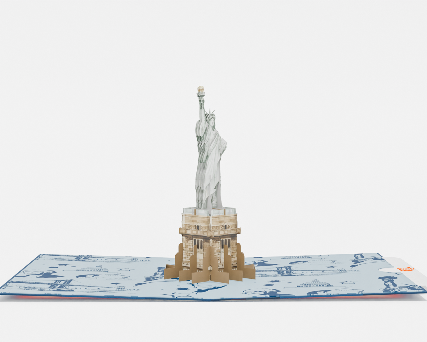 A 3D pop-up greeting card featuring the Statue of Liberty. The card’s cover is decorated with bold red, white, and blue stripes, the silhouette of the Statue of Liberty, and text reading "4th July Independence Day." The inside reveals an intricate 3D model of the Statue of Liberty standing on its pedestal, set against a background with blue sketches of iconic American landmarks. Perfect for celebrating U.S. Independence Day.