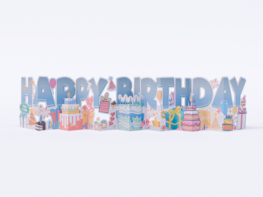 Pop-up accordion birthday card with “Happy Birthday” letters, cakes, gifts, balloons, and party decorations in colorful style