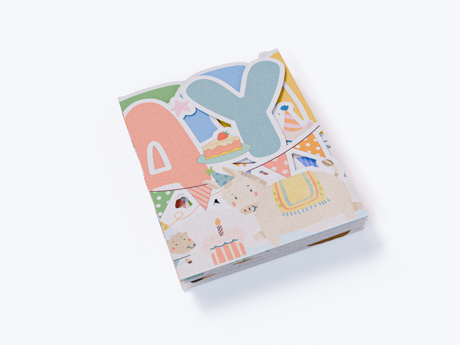 Fold-out accordion birthday card with “Happy Birthday” letters, cute animals, cakes, presents, balloons, and pastel party designs