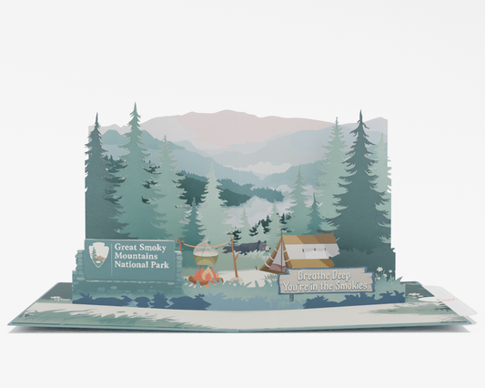 3D pop-up greeting card of Great Smoky Mountains National Park featuring a scenic camping scene with tent, firepit, pine trees, and misty hills in the background.